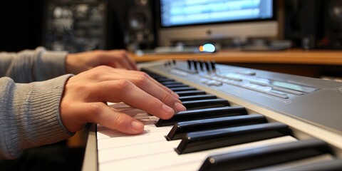 Fototapeta premium Modern musician playing classical music on synth keyboard attached to computer to act as a midi controller