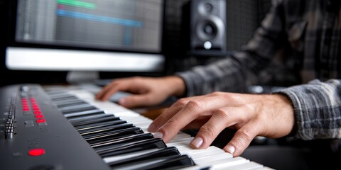 Modern musician playing classical music on synth keyboard attached to computer to act as a midi controller
