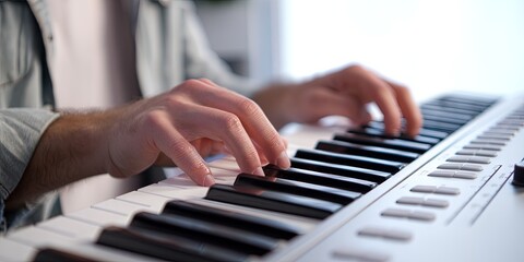 Fototapeta premium Modern musician playing classical music on synth keyboard attached to computer to act as a midi controller