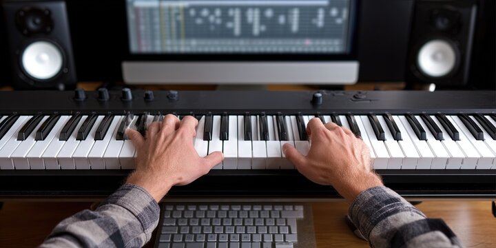 Modern musician playing classical music on synth keyboard attached to computer to act as a midi controller