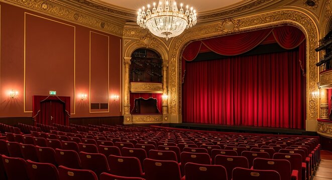 Elegant Theatre Interior With Red Velvet Seats And Stage Curtains.