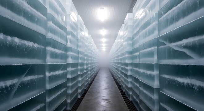 Rows of ice blocks in a cold storage warehouse with fog.