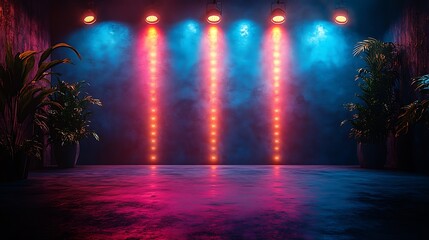 Atmospheric studio with plants and vertical red and blue spotlights red light photo