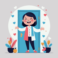 Happy girl welcoming guests through an open door surrounded by plants  