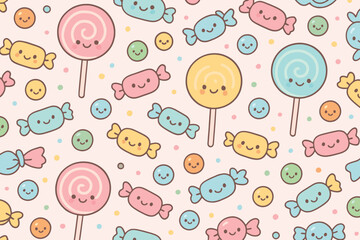 Cute kawaii candy pattern with happy faces on a soft pink background