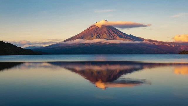 Snow capped mount fuji  and lake kawaguchiko at sunset in japan scenery view