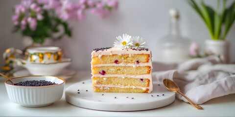 Four layer sponge cake slice, Cream filling and berry jam, Daisy flower topping, White plate presentation, Soft pastel background, Minimal styling, Copy space for text, Dessert still life