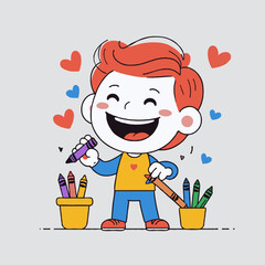 Happy boy coloring with crayons and smiling in creative space  