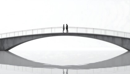 Minimalist image of two people standing on a bridge in monochrome scenery