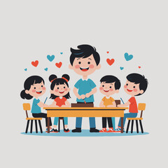 Teacher engaging with children at a desk in a colorful classroom  