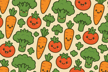 Seamless pattern of cute cartoon vegetables like broccoli and carrots with happy faces