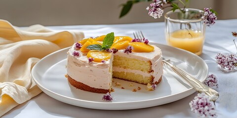 Slice of citrus topped layer cake, Orange segments and mint garnish, Creamy vanilla sponge layers, Orange juice glass background, Bright table styling, Minimal background, Copy space for branding