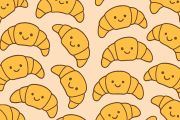 Cute kawaii croissants with smiling faces seamless pattern on light orange background