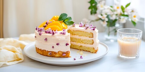 Slice of berry cream layer cake, Citrus garnish and mint leaves, Pink frosting with flower petals, Plate presentation, Bright breakfast table, Minimal background, Copy space, Fresh dessert mood