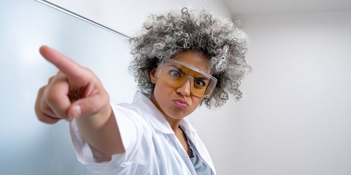 dynamic angle photo of a gen z woman cosplaying as a mad scientist character in classroom 