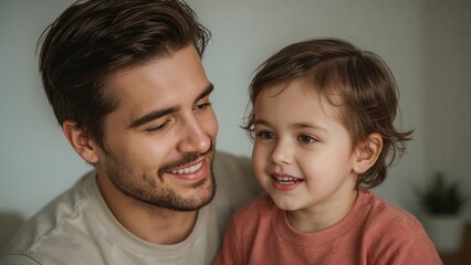 Happy young father and little son smiling together indoors, family bonding, parenthood, joyful childhood moments, modern parenting