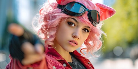 dynamic angle photo of a gen z woman cosplaying as a pig RPG character