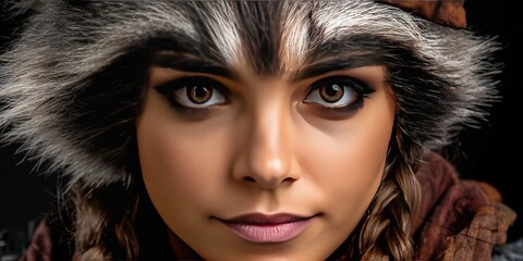 dynamic angle photo of a gen z woman cosplaying as a raccoon RPG character 