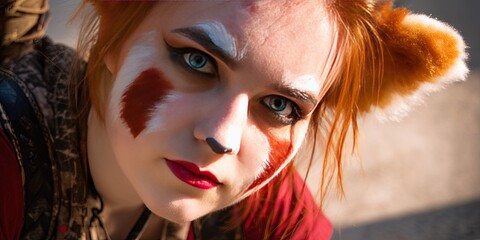 dynamic angle photo of a gen z woman cosplaying as a red panda RPG character 