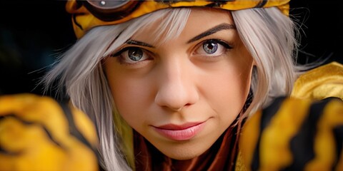 dynamic angle photo of a gen z woman cosplaying as a tiger RPG character