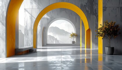 Modern architectural interior with arches, natural light, and mountain views