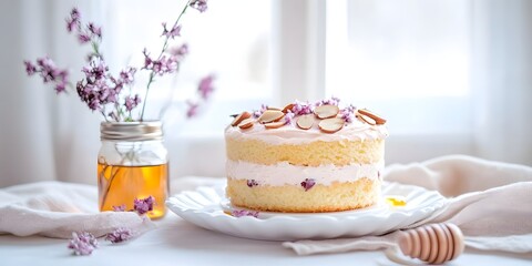 Naked layer cake with nut topping, Cozy breakfast dessert table, Honey jar and dipper props, Soft linen fabric styling, Bright window light, Minimal background, Copy space for text