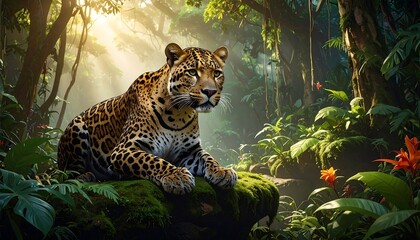 Majestic Jaguar Resting in Lush Jungle Environment with Sunlit Background