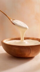 Creamy sauce or yogurt being poured from a wooden spoon into a wooden bowl.  A soft, peach-toned background complements the smooth textures