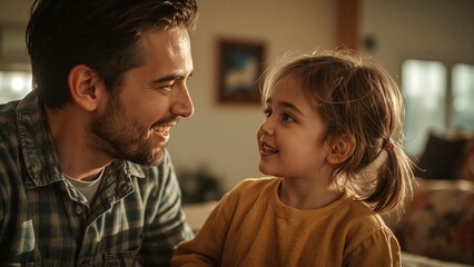 Father and daughter smiling together indoors, warm family moment, bonding, joyful expression, parenthood, childhood, happiness, comfortable home
