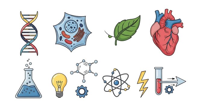 Hand drawn science and education icon set with DNA cell heart and atom.