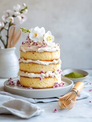 Tall layered sponge cake with flowers, Soft studio daylight closeup, Minimal neutral background style, Artisan bakery presentation, Elegant dessert concept, Clean composition layout, Copy space