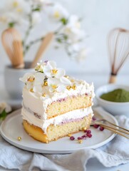 Classic vanilla cake slice with cream, Soft window light closeup, Minimal kitchen background scene, Elegant dessert plating, Clean modern styling, Cozy bakery mood, Copy space composition