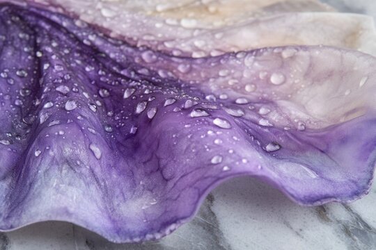 A vibrant purple surface, possibly a flower or fabric, is covered in shimmering water droplets, highlighting its delicate texture and fresh allure.