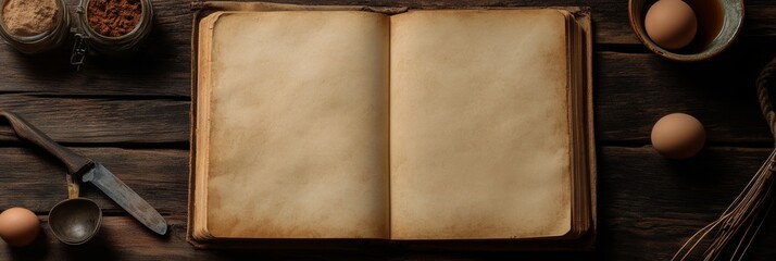 Open recipe book showcasing creative cooking design mock-up with fresh eggs and wooden utensils
