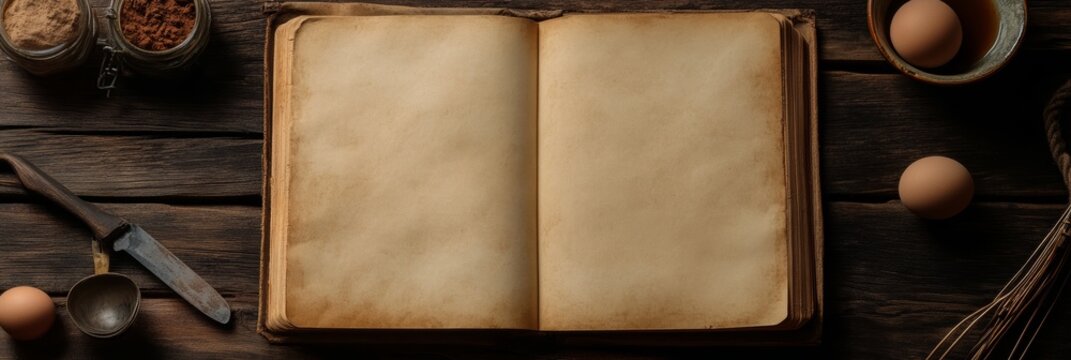 Open recipe book showcasing creative cooking design mock-up with fresh eggs and wooden utensils
