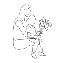 Mother holding daughter and receiving flowers for International Women’s Day  
