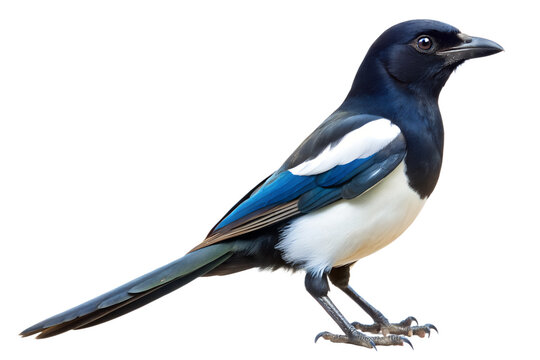 Eurasian magpie perched with striking black, white, and blue plumage, isolated on transparent background