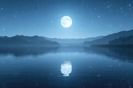 A serene night landscape featuring a luminous full moon reflected on a tranquil lake, surrounded by distant mountains and a starry sky.