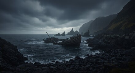 Old shipwreck on rocky sea coast under dark cloudy sky. Abandoned boat on rugged shore with ocean waves and dramatic weather for travel concept.