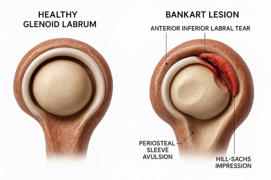 Anatomical illustration comparing a healthy glenoid labrum with a Bankart lesion, showing a tear and bone avulsion.