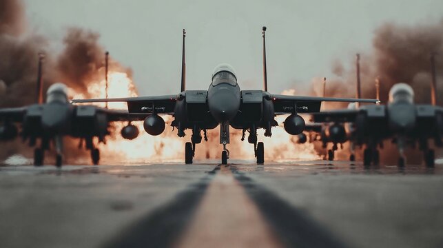 Powerful display of military might featuring fighter jets preparing for takeoff with dramatic - Powered by Adobe