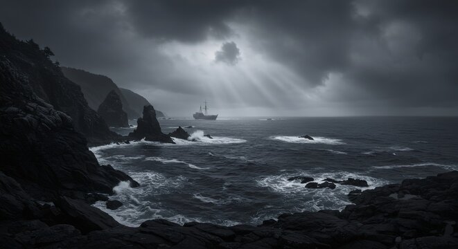 Classic sailing ship on wild, rough ocean with dramatic sky, sun rays breaking through dark cloud above rugged coastline. Mysterious sea journey concept. - Powered by Adobe