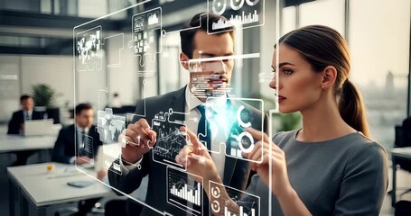 Business professionals collaborating on digital interface in modern office - Powered by Adobe