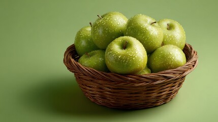 A basket of green apples on a table, solid color background, commercial photography, high resolution, high detail, studio lighting, studio shot, green background.