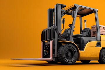 Industrial forklift, angled view,  yellow and black
