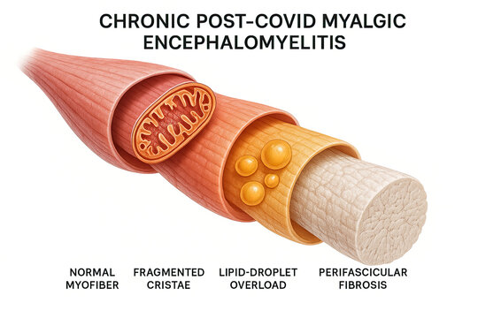 Medical illustration showing the cellular changes associated with chronic post-COVID myalgic encephalomyelitis, including normal myofiber, fragmented cristae, lipid-droplet overload, and perifascicula