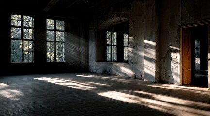 Sunlight streams into an empty, sun-drenched room with exposed, aged walls and large windows