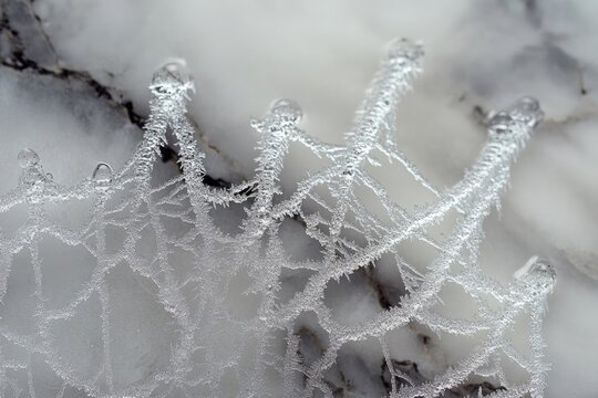 Mesmerizing close-up of intricate frost patterns and delicate ice crystals forming a delicate web-like structure, showcasing winter's fleeting beauty on a blurred surface.