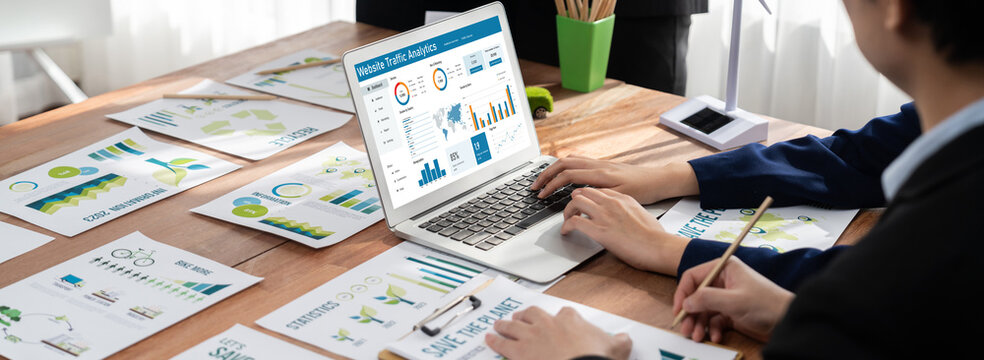 Computer software for website traffic analytics data on computer screen. Concept of SEO search engine optimization and customer targeting for online business brisk