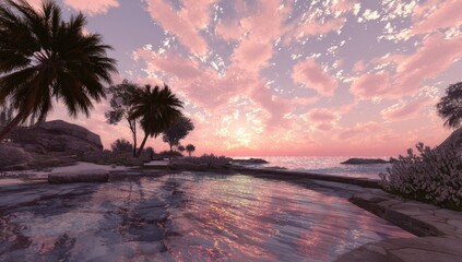 Fototapeta premium Tropical scene at sunset with palm trees, a calm sea, and pastel colored sky